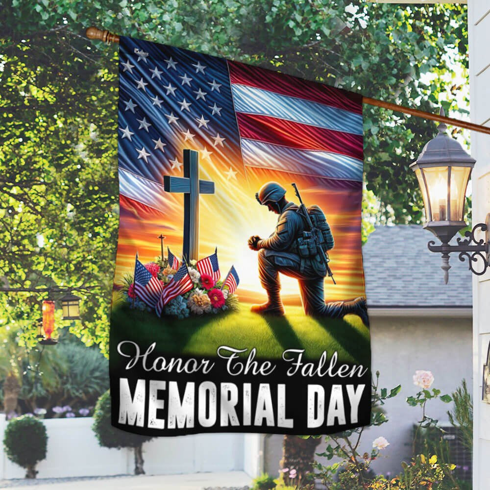 US Veteran Flag, Veteran Memorial Day Honor The Fallen American Soldier Kneeling The Cross Flag, Veteran Garden Flags
