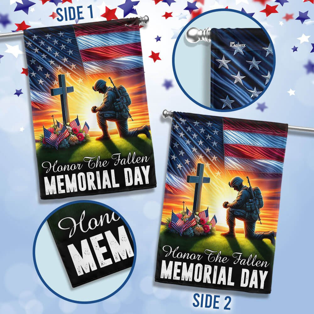 US Veteran Flag, Veteran Memorial Day Honor The Fallen American Soldier Kneeling The Cross Flag, Veteran Garden Flags