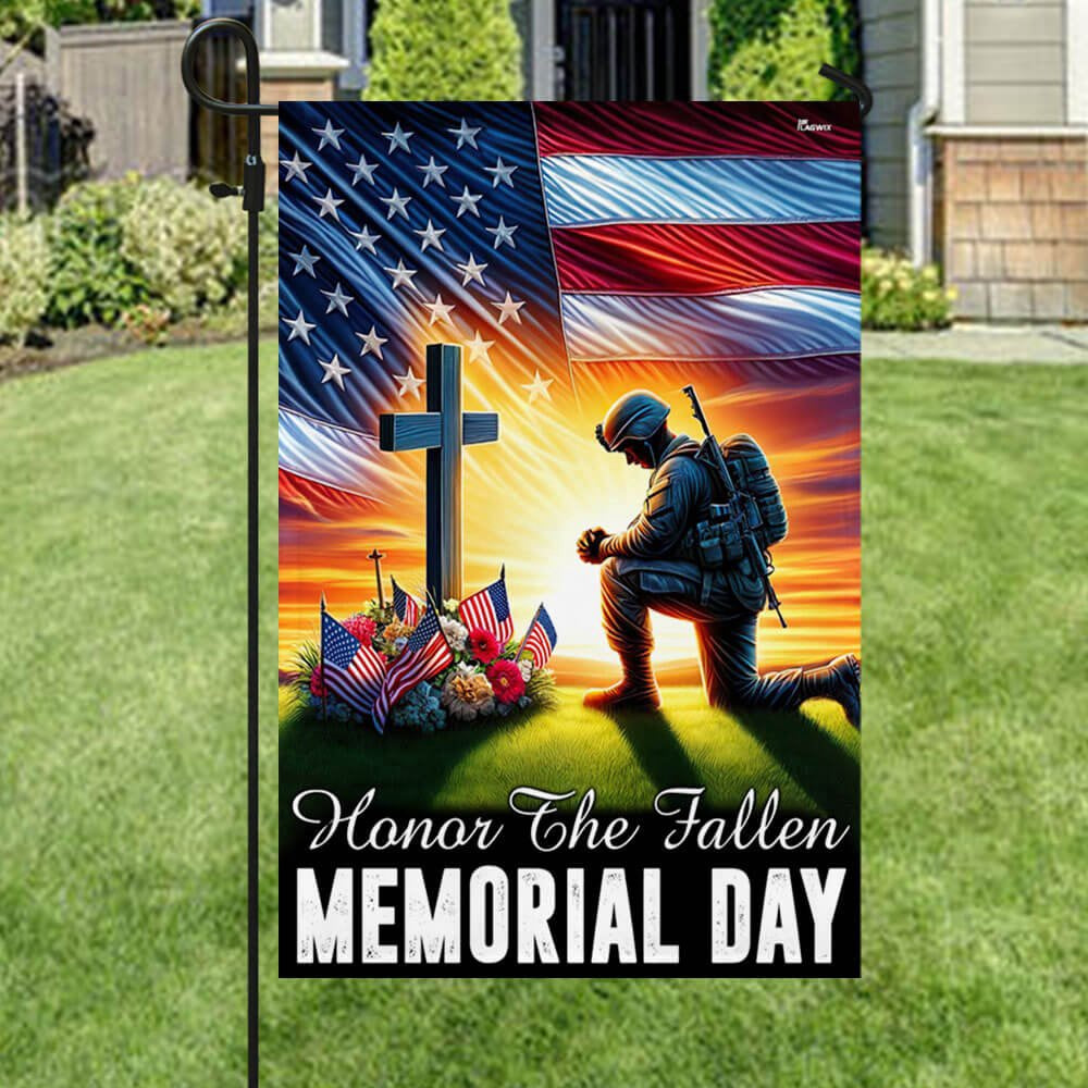 US Veteran Flag, Veteran Memorial Day Honor The Fallen American Soldier Kneeling The Cross Flag, Veteran Garden Flags