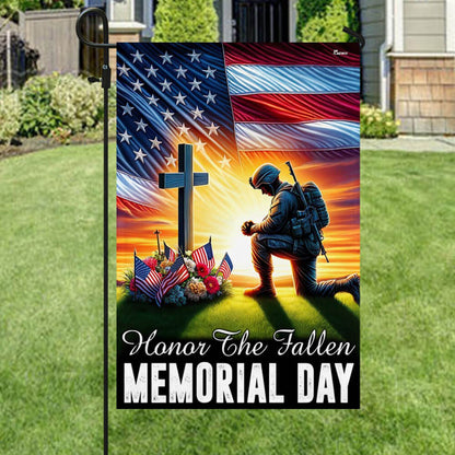 US Veteran Flag, Veteran Memorial Day Honor The Fallen American Soldier Kneeling The Cross Flag, Veteran Garden Flags