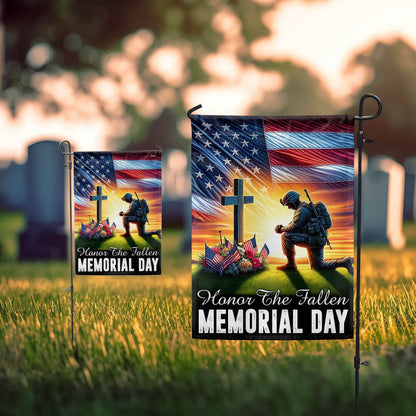 US Veteran Flag, Veteran Memorial Day Honor The Fallen American Soldier Kneeling The Cross Flag, Veteran Garden Flags