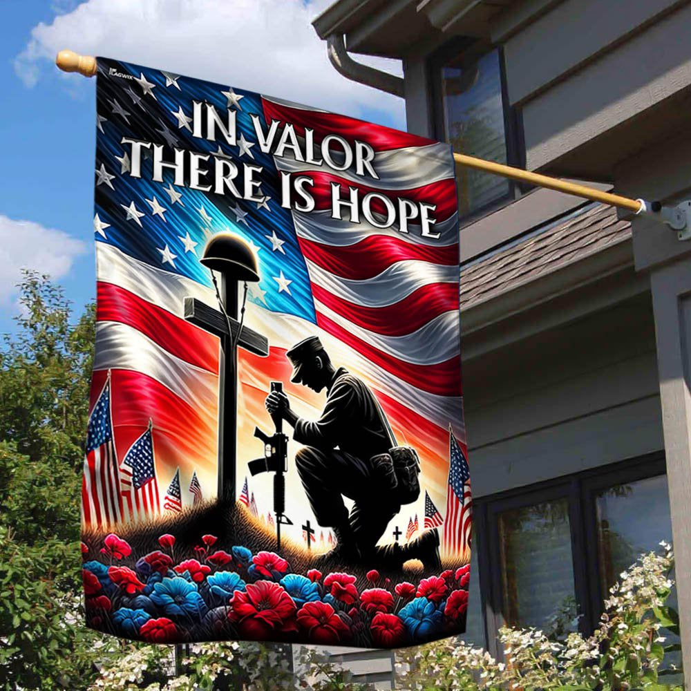 US Veteran Flag, Veteran Memorial Day Kneeling Solder Cross In Valor There Is Hope Flag, Veteran Garden Flags