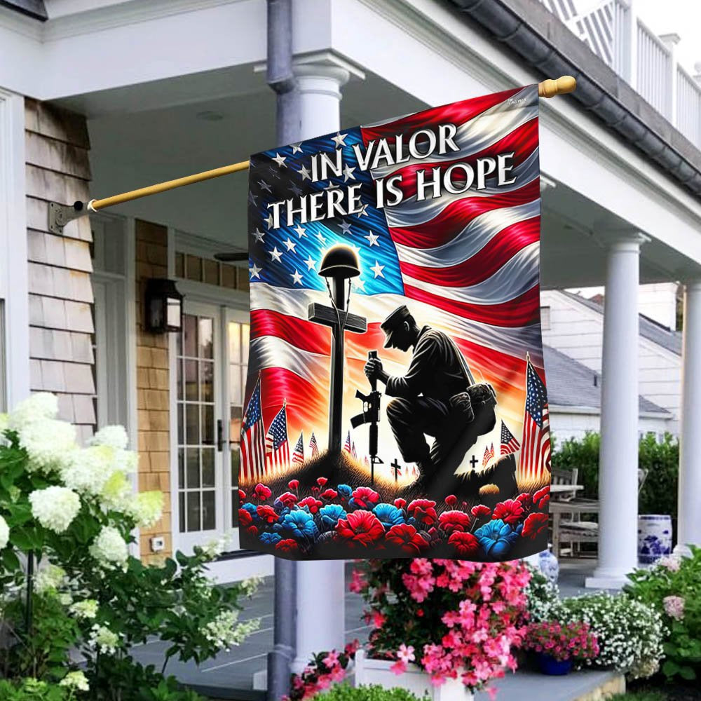 US Veteran Flag, Veteran Memorial Day Kneeling Solder Cross In Valor There Is Hope Flag, Veteran Garden Flags