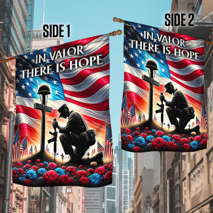 US Veteran Flag, Veteran Memorial Day Kneeling Solder Cross In Valor There Is Hope Flag, Veteran Garden Flags