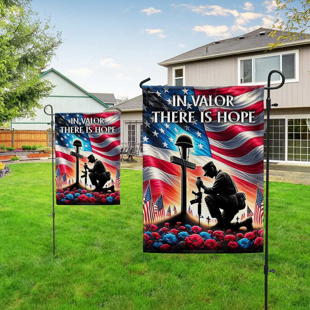 US Veteran Flag, Veteran Memorial Day Kneeling Solder Cross In Valor There Is Hope Flag, Veteran Garden Flags
