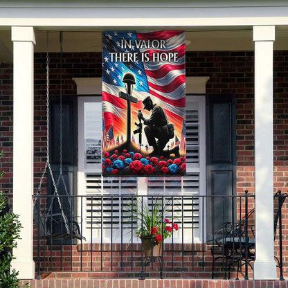US Veteran Flag, Veteran Memorial Day Kneeling Solder Cross In Valor There Is Hope Flag, Veteran Garden Flags