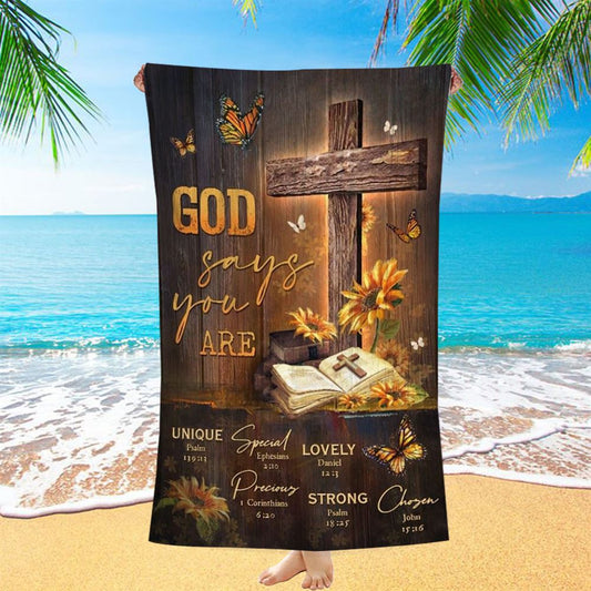 Unique Cross, Sunflower Garden, Antique Bible, God Says You Are Beach Towel, Christian Beach Towel, Christian Gift, Gift For Women