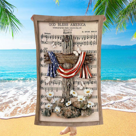 Unique Cross Vintage Music Sheet American Flag God Bless America Beach Towel, Christian Beach Towel, Christian Gift, Gift For Women