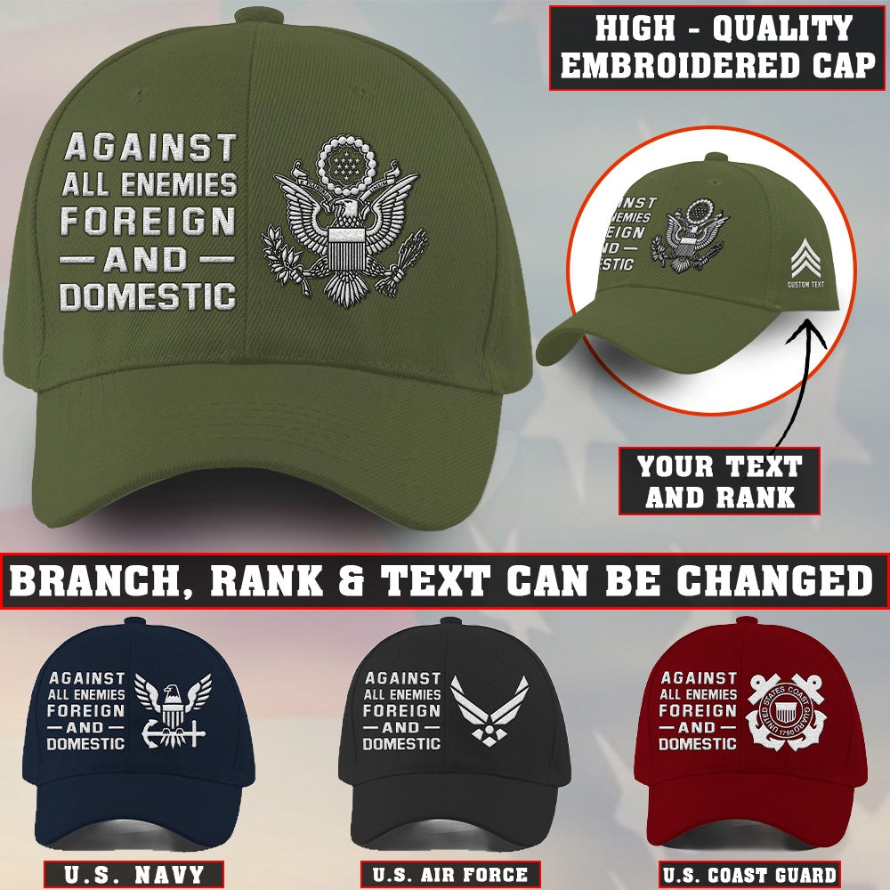 Us Army Veteran Caps, Customized  Against All Enemies Foreign And Domestic Embroidered Cap, Embroidered Dad Hat