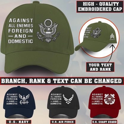 Us Army Veteran Caps, Customized  Against All Enemies Foreign And Domestic Embroidered Cap, Embroidered Dad Hat
