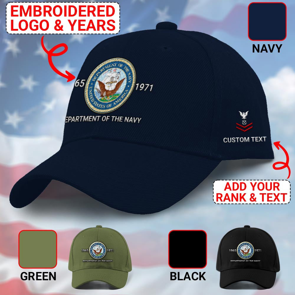 Us Veteran Navy Cap, Customized Department Of The Navy Embroidered Cap, Embroidered Dad Hat