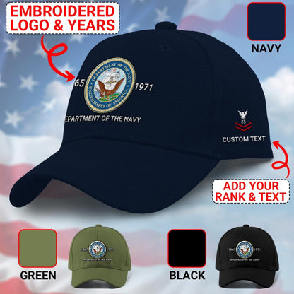 Us Veteran Navy Cap, Customized Department Of The Navy Embroidered Cap, Embroidered Dad Hat