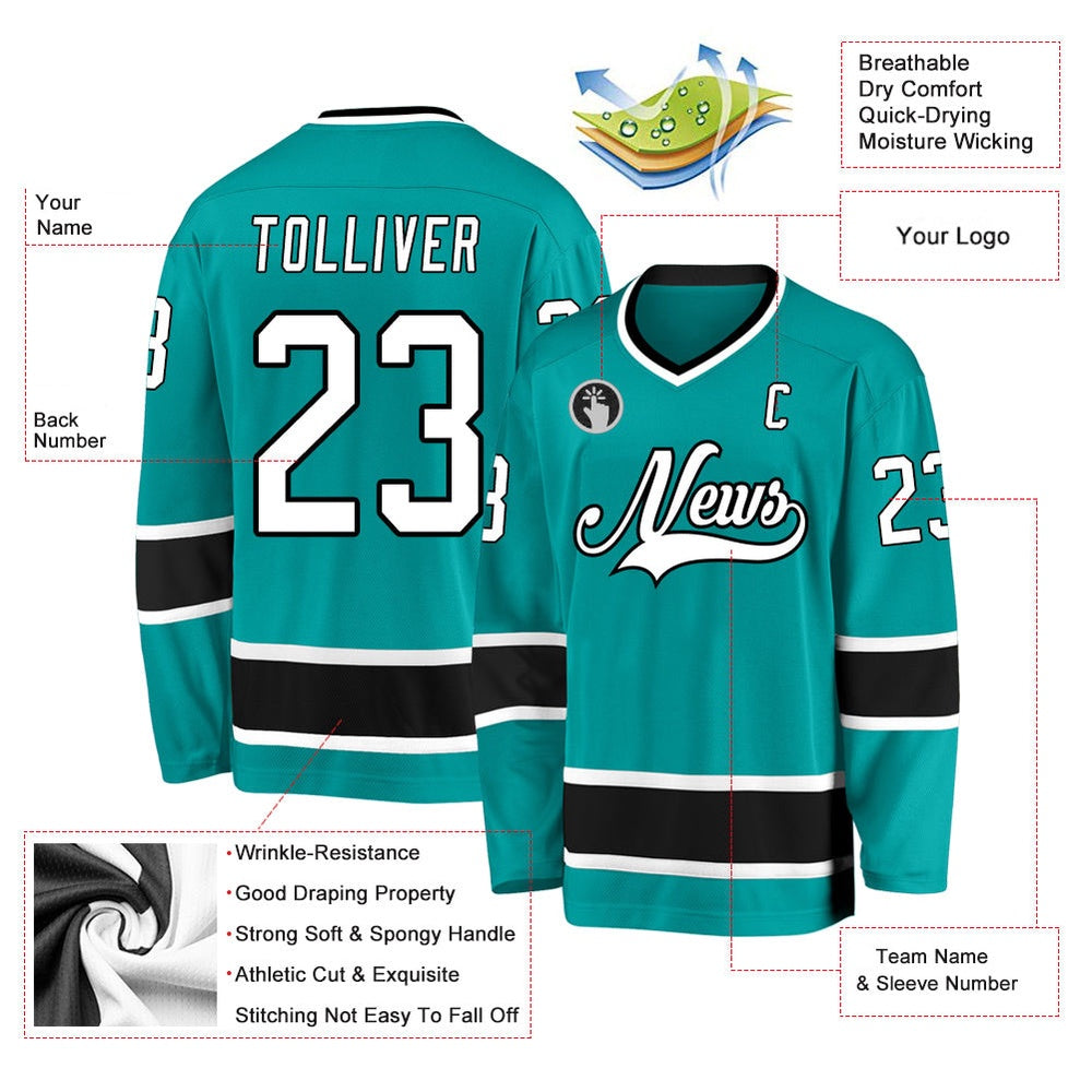 Usa Hockey Jersey, Custom Aqua White Black Hockey Jersey, Team Hockey Jerseys