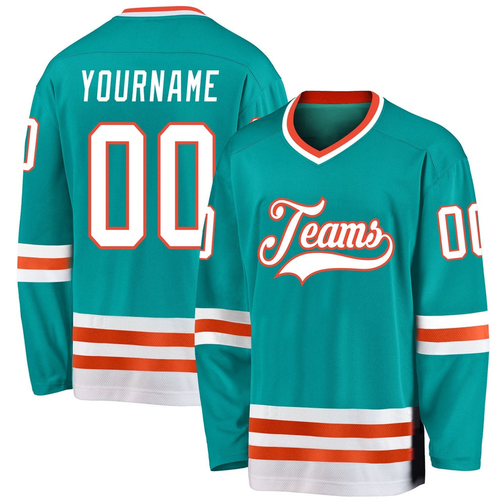 Usa Hockey Jersey, Custom Aqua White Orange Hockey Jersey, Team Hockey Jerseys