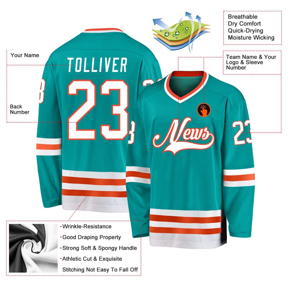 Usa Hockey Jersey, Custom Aqua White Orange Hockey Jersey, Team Hockey Jerseys