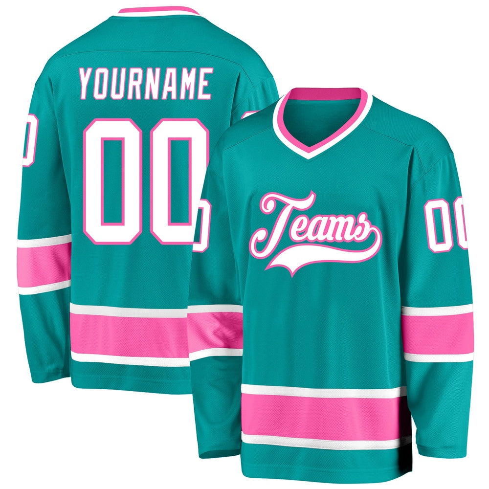 Usa Hockey Jersey, Custom Aqua White Pink Hockey Jersey, Team Hockey Jerseys