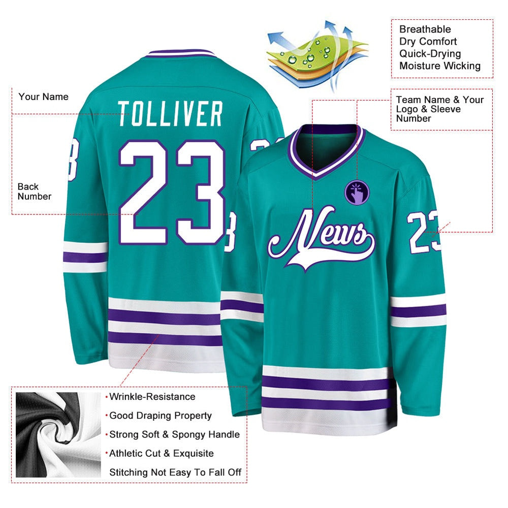 Usa Hockey Jersey, Custom Aqua White Purple Hockey Jersey, Team Hockey Jerseys