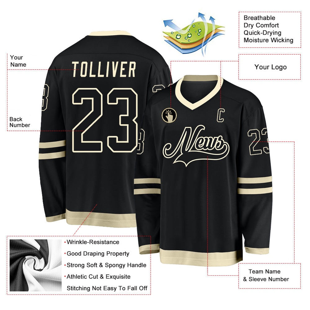 Usa Hockey Jersey, Custom Black Cream Hockey Jersey, Team Hockey Jerseys