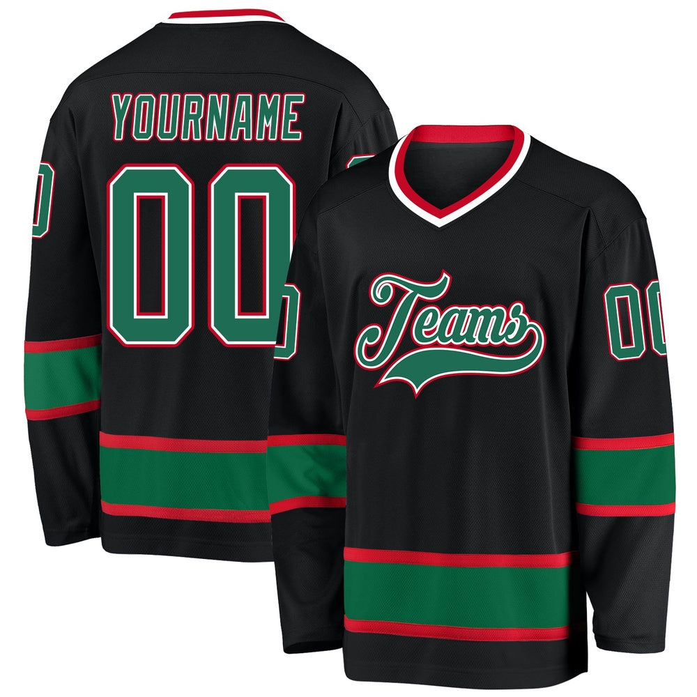 Usa Hockey Jersey, Custom Black Kelly Green Red Hockey Jersey, Team Hockey Jerseys