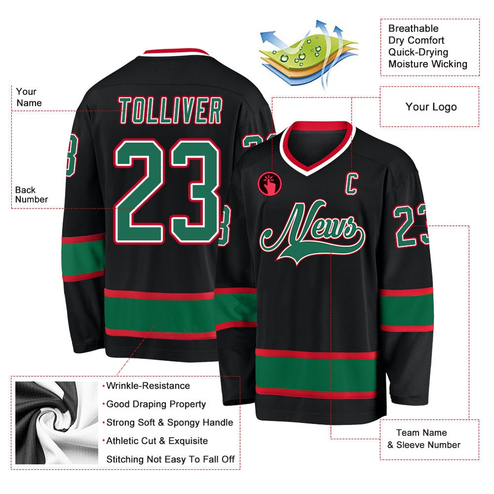 Usa Hockey Jersey, Custom Black Kelly Green Red Hockey Jersey, Team Hockey Jerseys