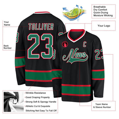 Usa Hockey Jersey, Custom Black Kelly Green Red Hockey Jersey, Team Hockey Jerseys