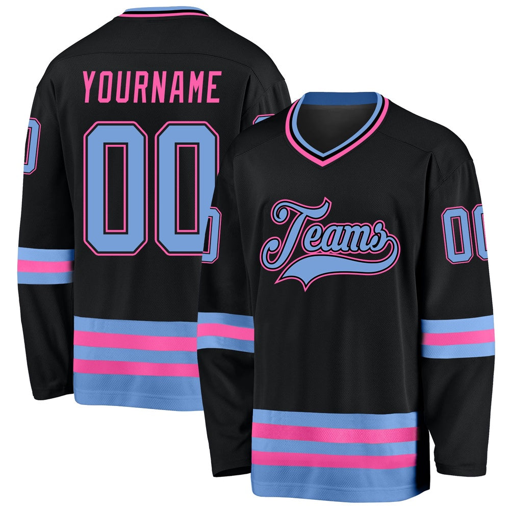 Usa Hockey Jersey, Custom Black Light Blue Pink Hockey Jersey, Team Hockey Jerseys