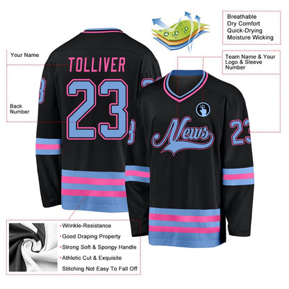 Usa Hockey Jersey, Custom Black Light Blue Pink Hockey Jersey, Team Hockey Jerseys