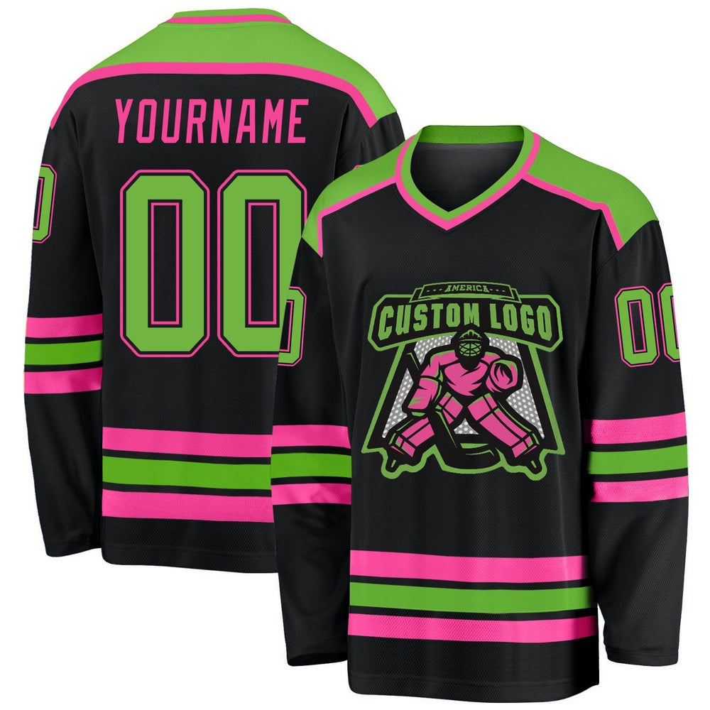 Usa Hockey Jersey, Custom Black Neon Green Pink Hockey Jersey, Team Hockey Jerseys