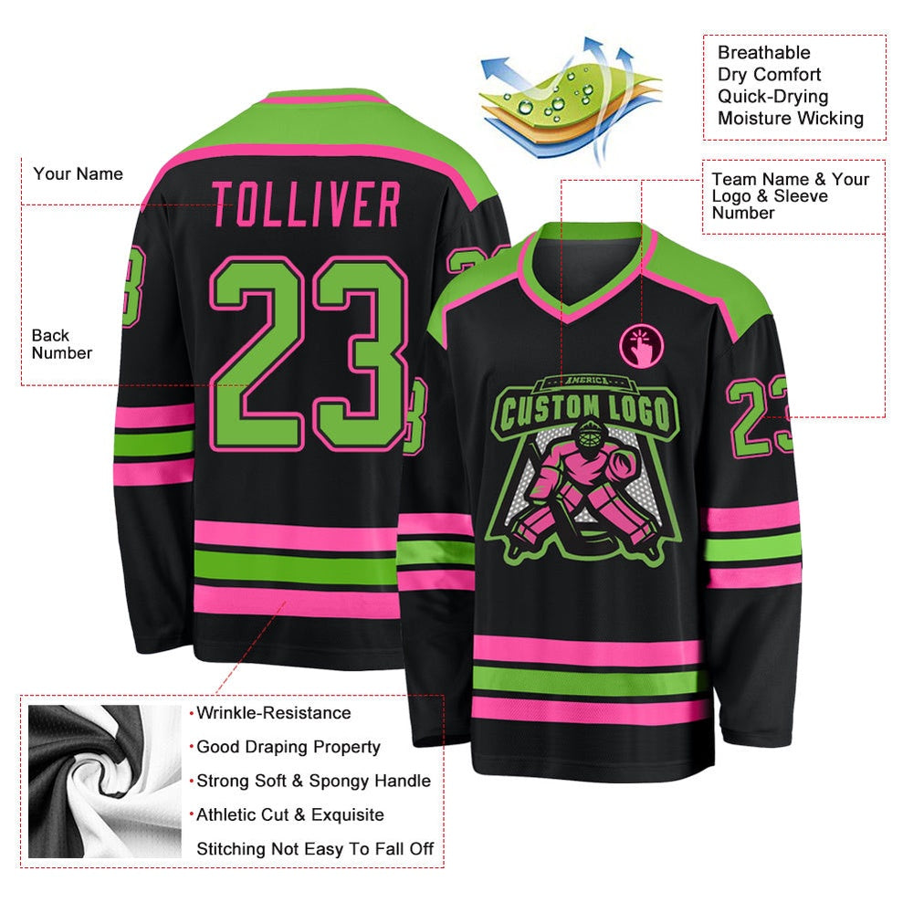 Usa Hockey Jersey, Custom Black Neon Green Pink Hockey Jersey, Team Hockey Jerseys