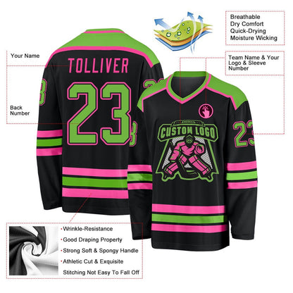 Usa Hockey Jersey, Custom Black Neon Green Pink Hockey Jersey, Team Hockey Jerseys