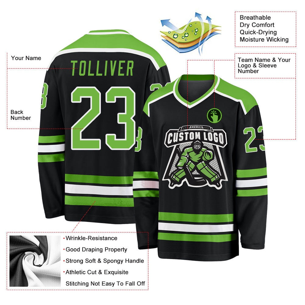 Usa Hockey Jersey, Custom Black Neon Green White Hockey Jersey, Team Hockey Jerseys