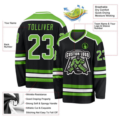 Usa Hockey Jersey, Custom Black Neon Green White Hockey Jersey, Team Hockey Jerseys