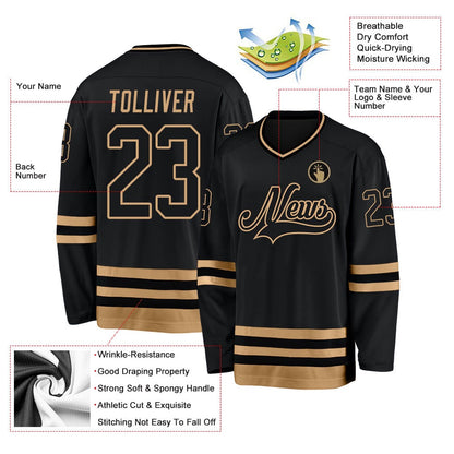 Usa Hockey Jersey, Custom Black Old Gold Hockey Jersey, Team Hockey Jerseys