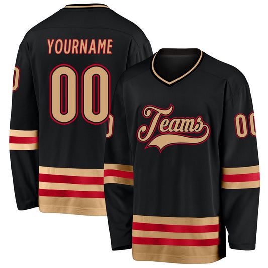 Usa Hockey Jersey, Custom Black Old Gold Red Hockey Jersey, Team Hockey Jerseys