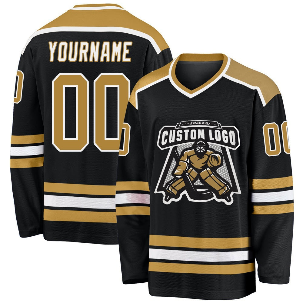 Usa Hockey Jersey, Custom Black Old Gold White Hockey Jersey, Team Hockey Jerseys