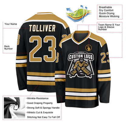 Usa Hockey Jersey, Custom Black Old Gold White Hockey Jersey, Team Hockey Jerseys
