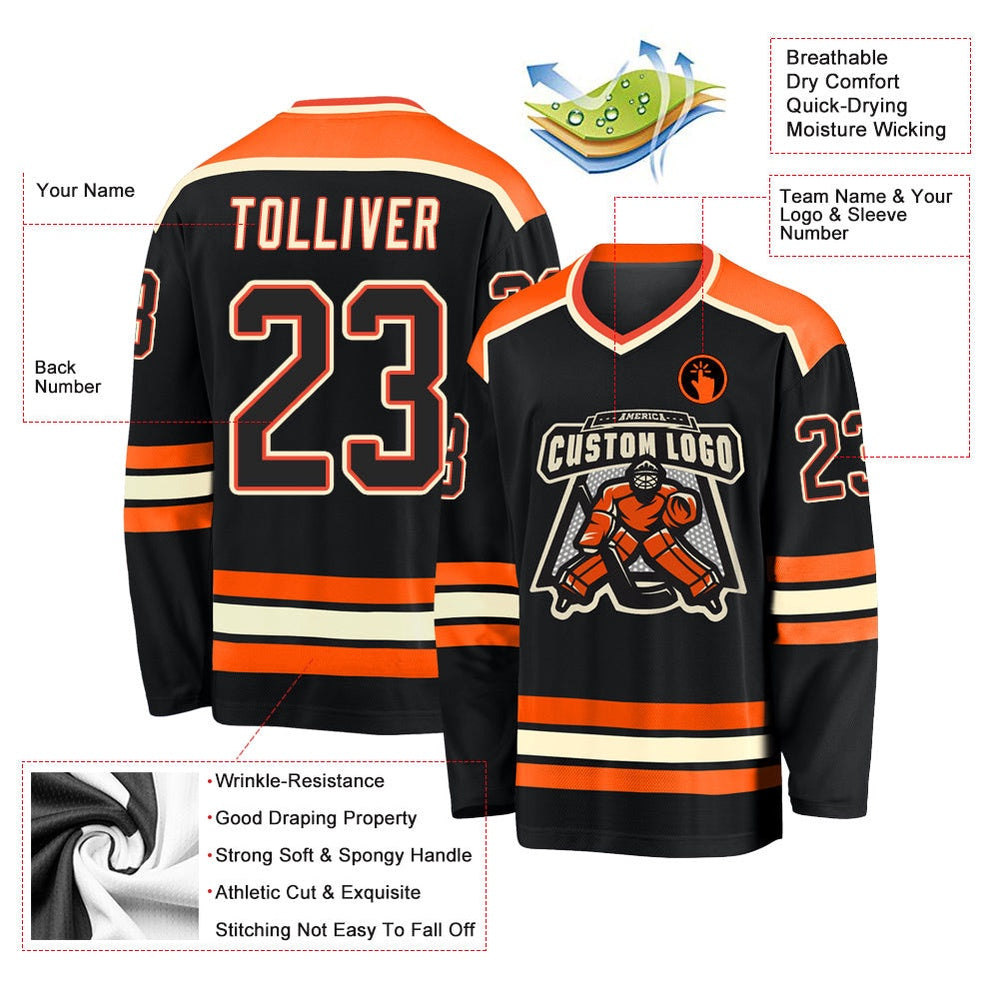 Usa Hockey Jersey, Custom Black Orange Cream Hockey Jersey, Team Hockey Jerseys