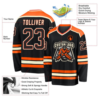 Usa Hockey Jersey, Custom Black Orange Cream Hockey Jersey, Team Hockey Jerseys