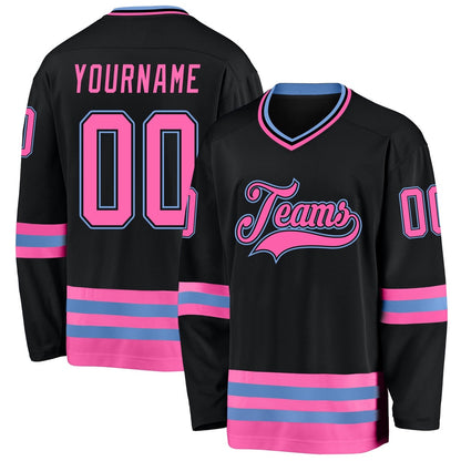 Usa Hockey Jersey, Custom Black Pink Light Blue Hockey Jersey, Team Hockey Jerseys