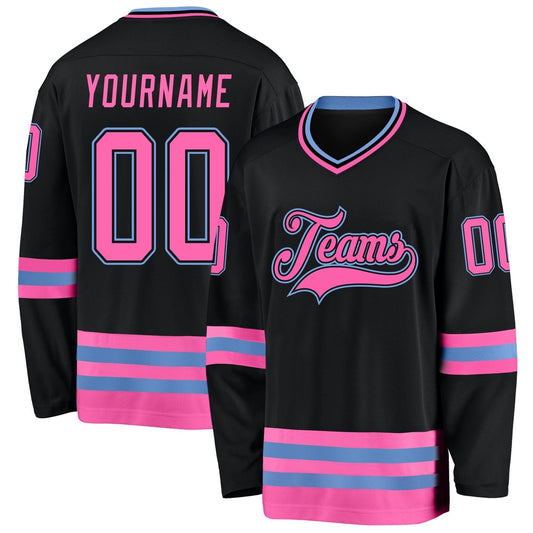 Usa Hockey Jersey, Custom Black Pink Light Blue Hockey Jersey, Team Hockey Jerseys