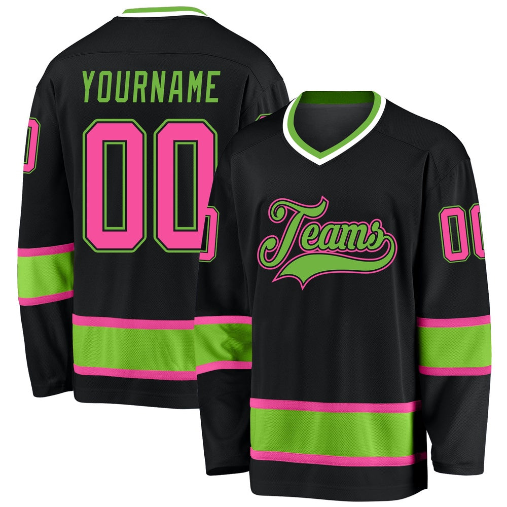 Usa Hockey Jersey, Custom Black Pink Neon Green Hockey Jersey, Team Hockey Jerseys