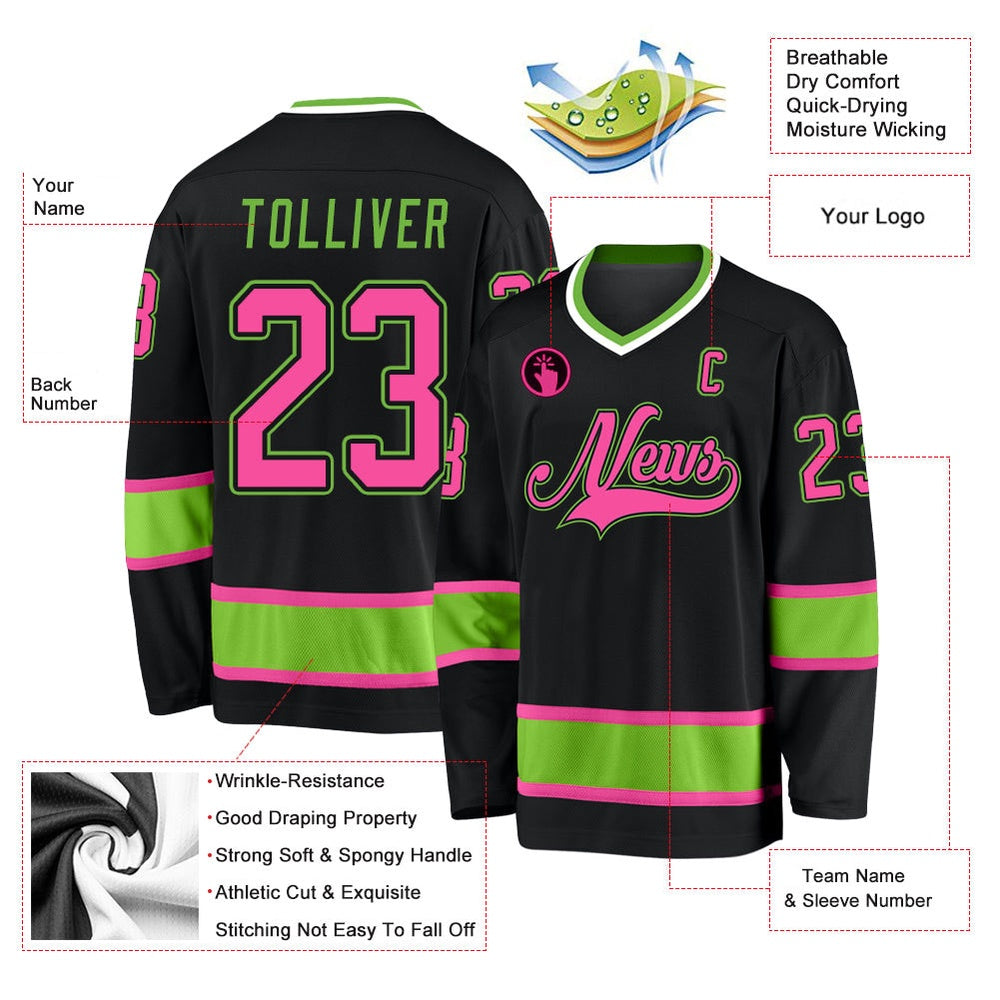 Usa Hockey Jersey, Custom Black Pink Neon Green Hockey Jersey, Team Hockey Jerseys