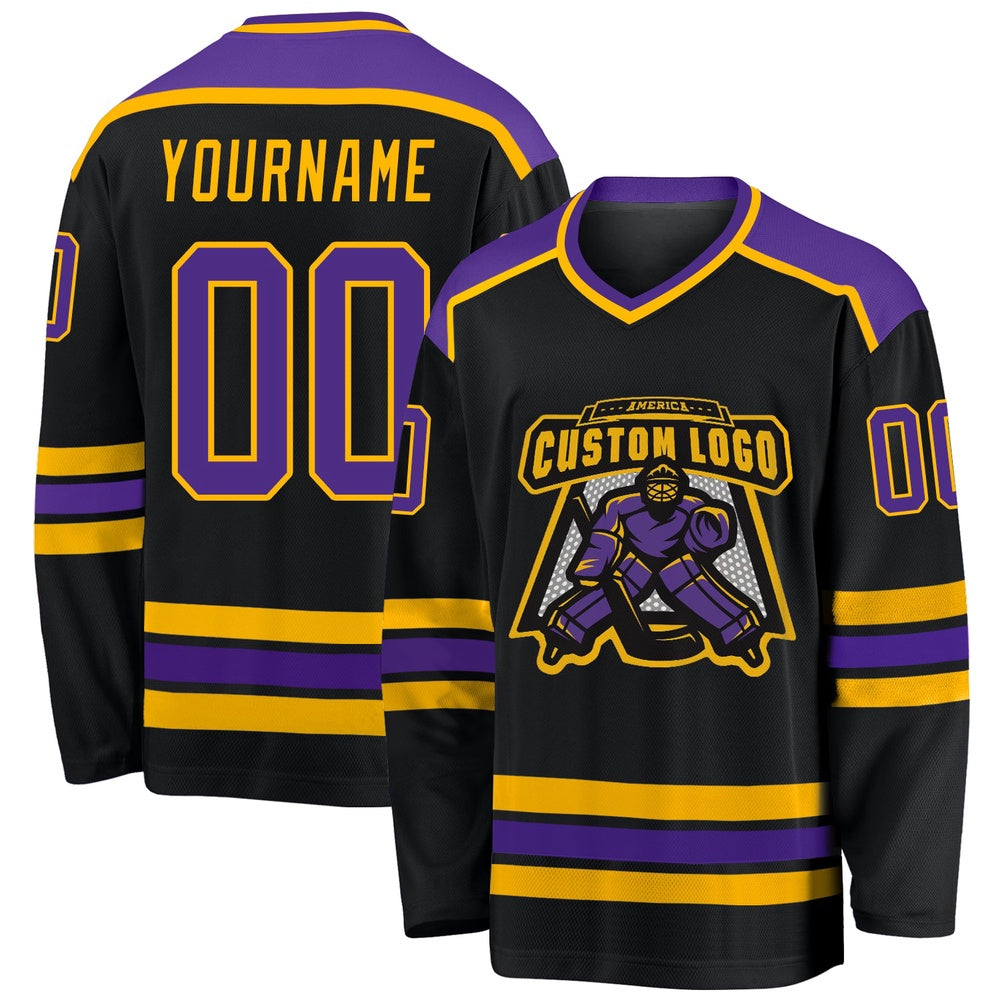 Usa Hockey Jersey, Custom Black Purple Gold Hockey Jersey, Team Hockey Jerseys