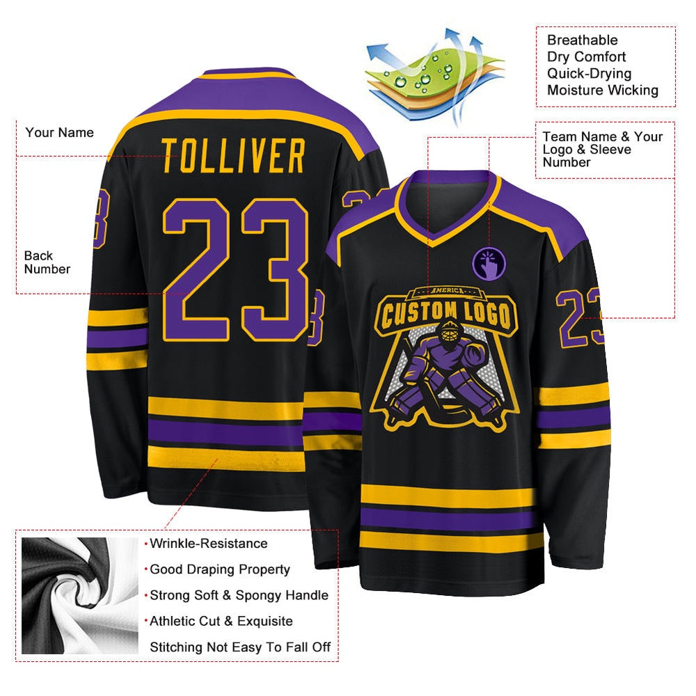 Usa Hockey Jersey, Custom Black Purple Gold Hockey Jersey, Team Hockey Jerseys