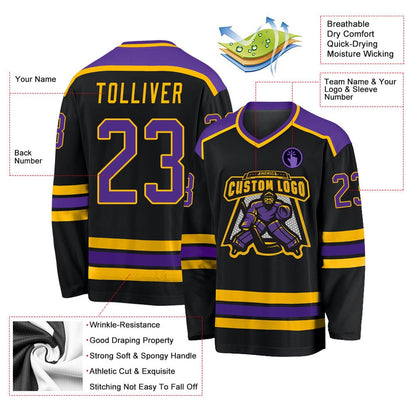 Usa Hockey Jersey, Custom Black Purple Gold Hockey Jersey, Team Hockey Jerseys