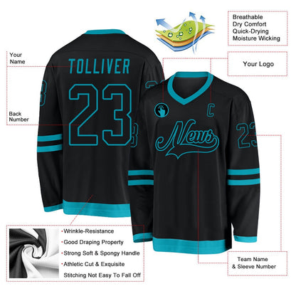 Usa Hockey Jersey, Custom Black Teal Hockey Jersey, Team Hockey Jerseys