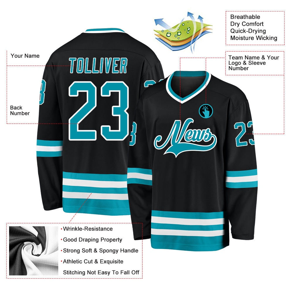 Usa Hockey Jersey, Custom Black Teal White Hockey Jersey, Team Hockey Jerseys
