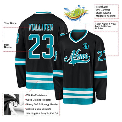 Usa Hockey Jersey, Custom Black Teal White Hockey Jersey, Team Hockey Jerseys
