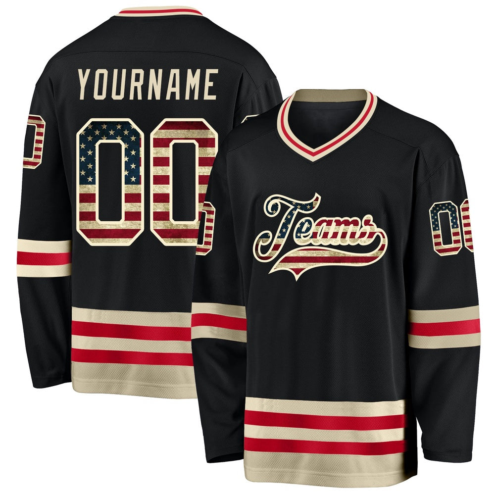 Usa Hockey Jersey, Custom Black Vintage USA Flag Cream Hockey Jersey, Team Hockey Jerseys