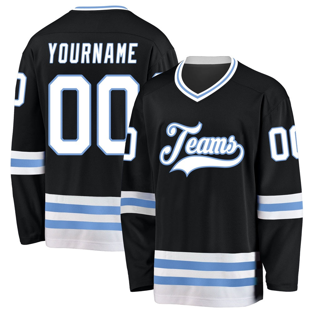 Usa Hockey Jersey, Custom Black White Light Blue Hockey Jersey, Team Hockey Jerseys